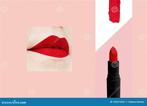 One Pencil Of Red Lipstick On A White Background Female Lips With Make Up Smeared Bright