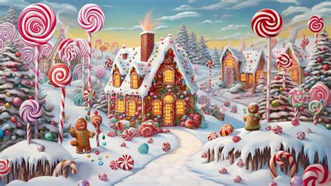 A Gingerbread House Surrounded By Candy Canes And Gumdrops Stock