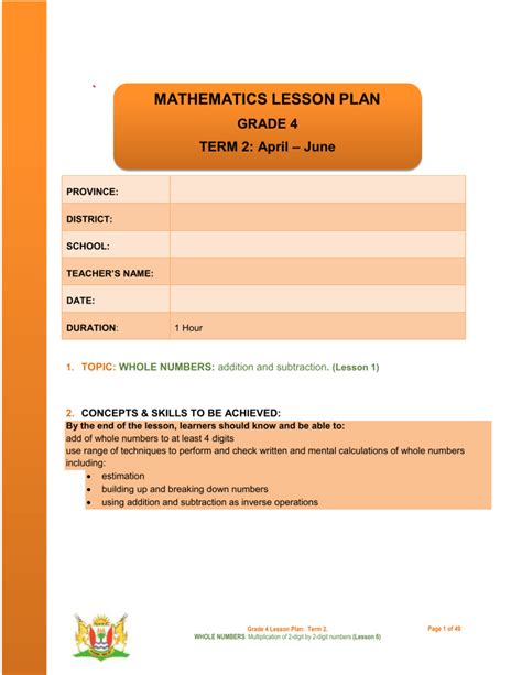 Grade 4 Mathematics Lesson Plans