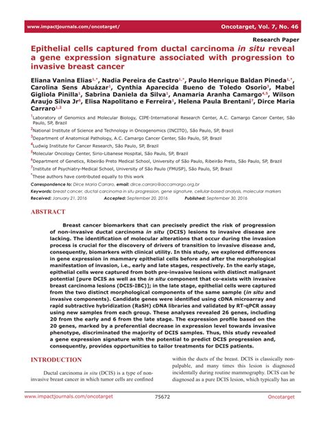 Pdf Epithelial Cells Captured From Ductal Carcinoma In Situ Reveal A