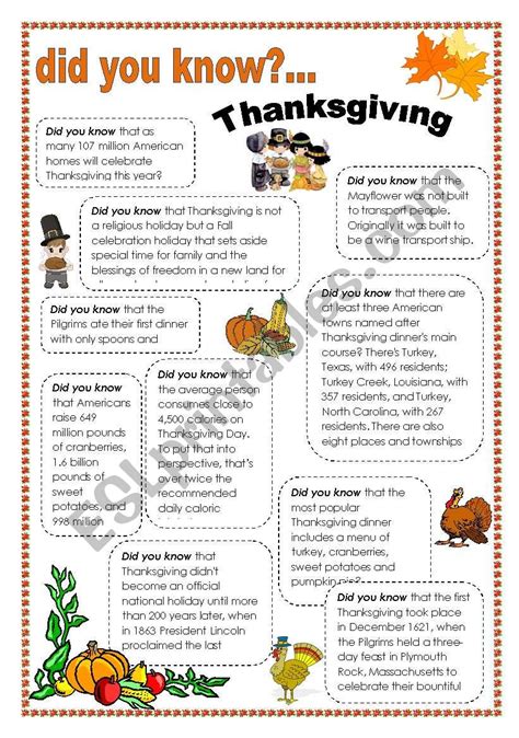 Thanksgiving Facts Esl Worksheet By Intothefire