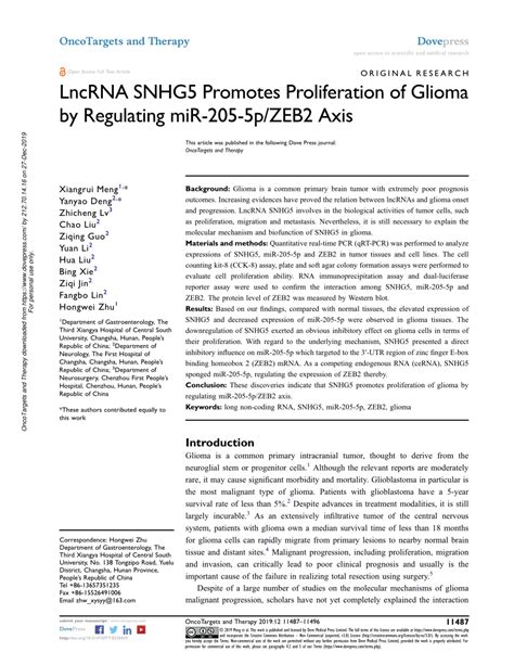 PDF LncRNA SNHG5 Promotes Proliferation Of Glioma By Regulating Mir