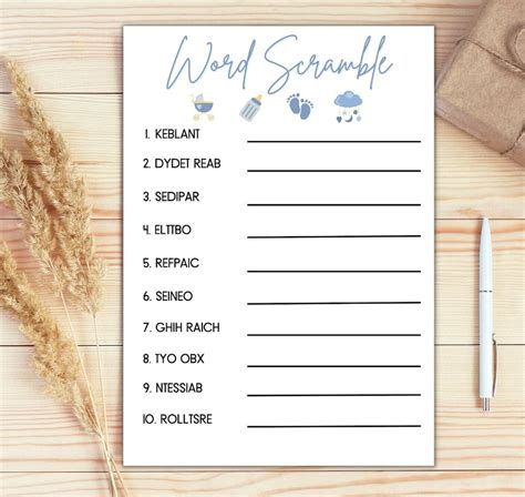 Printable Baby Scramble Game Blue Baby Shower Games Baby Shower Party