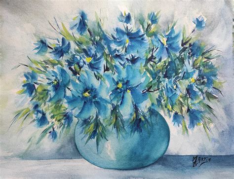 Peinture Aquarelle Fleurs Bleues