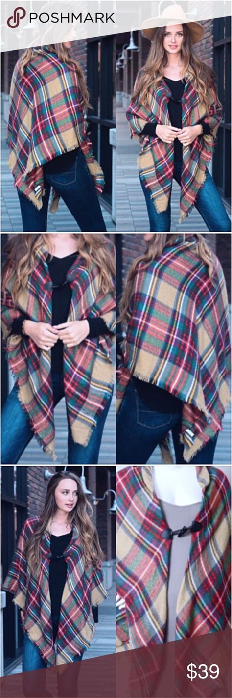 Plaid Flannel Poncho Scarf Wrap Toggle Fashion Plaid Poncho Boho Flannel