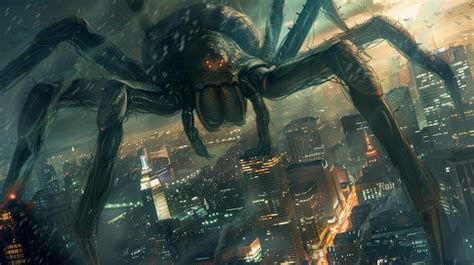 Premium Photo | Giant Spider Towering Over Cityscape Dramatic Monster Movie Poster Design for ...