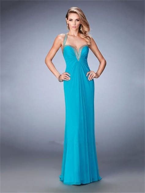 Sheath With Plunging Neckline Open Back Beaded Chiffon Prom Dress