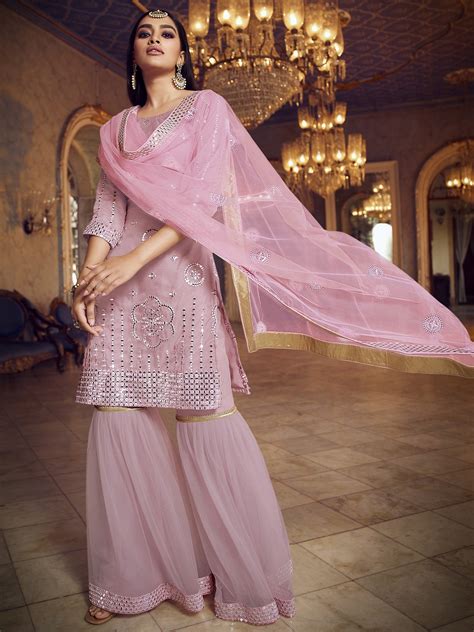 Baby Pink Organza Sharara Suit With Thread Foil Mirror Work And Soft