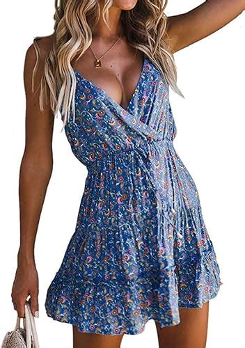 Mieuid Damen Spaghetti Tief V High Blumen Chic Ausschnitt Minikleid