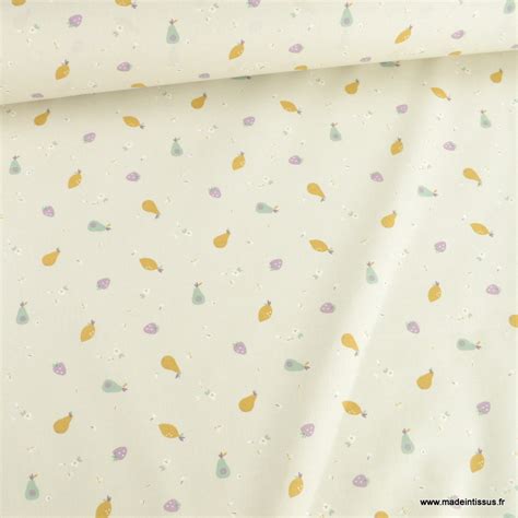 Tissu Cretonne Coton Tifruit Motifs Fruits Fond Lin Oeko Tex