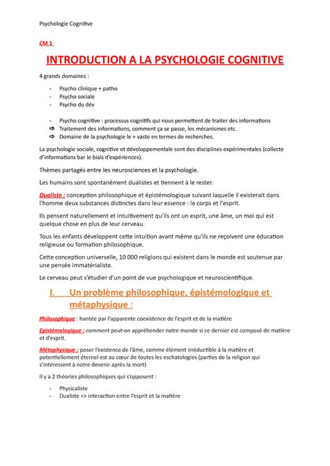 CM1 Introduction à la psycho cognitive CM 1 INTRODUCTION A LA