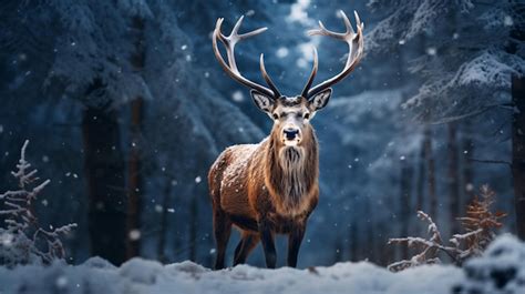 Premium Photo A Deer With Large Antlers Standing In Snow