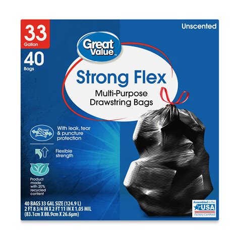 Great Value Strong Flex 33 Gallon Drawstring Multi Purpose Trash Bags