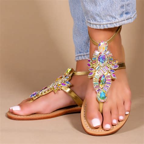 Jeweled And Embellished Flat Leather Womens Sandals Mystique Sandals