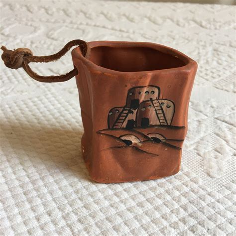 Vintage Clay Pot Look Bag Shaped Small Vase With Leather Strap Says