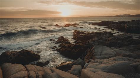 Photo Of A Sunset Over A Rocky Beach With Waves Crashing Background