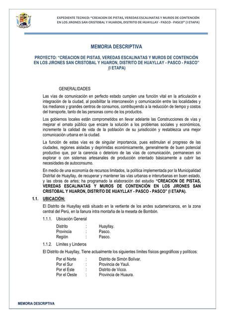 Informe De Memoria Descriptiva De Pistas Y Veredas Apuntes De