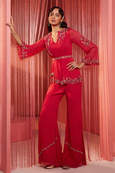 Buy Red Georgette Lining Shantoon Embroidery Kurta And Flared Pant Set