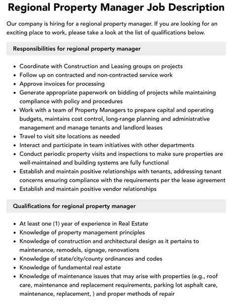 Regional Property Manager Job Description Velvet Jobs