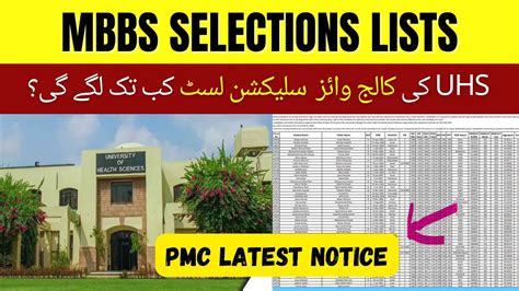 UHS College Wise Selection Merit List MBBS 2022 2023 PMDC Bill PMC