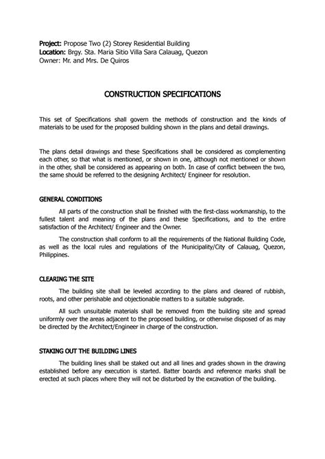 Construction Specifications Mam Malou Project Propose Two Storey