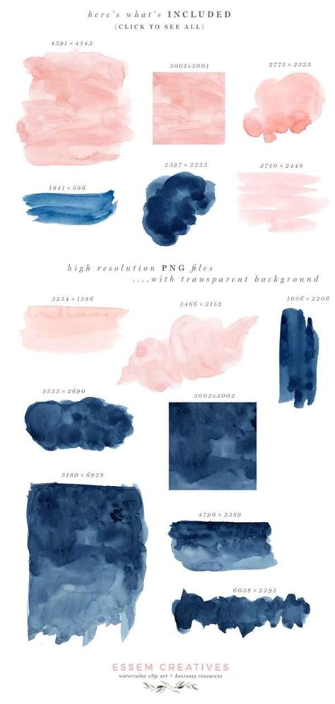 Blush and Navy Abstract Watercolor Splash Clipart & Backgrounds