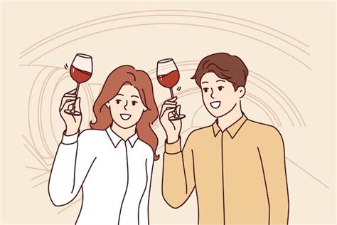 Premium Vector Couple Stands In Basement Of Winery And Tastes Red