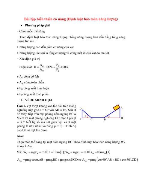 Bài Tập Về Biến Thiên Cơ Năng Định Luật Bảo Toàn Năng Lượng Chọn Lọc