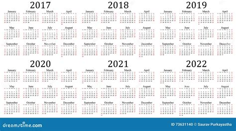 Sex årskalender 2017 2018 2019 2020 2021 Och 2022 Vektor