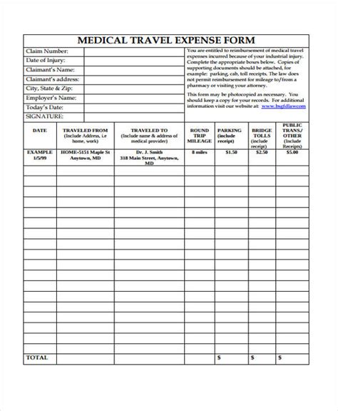 Free Medical Expense Forms In Pdf Ms Word