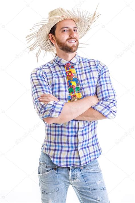 Homem Vestindo Roupas De Caipira Para O Brasileiro Festa Junina — Fotografias De Stock