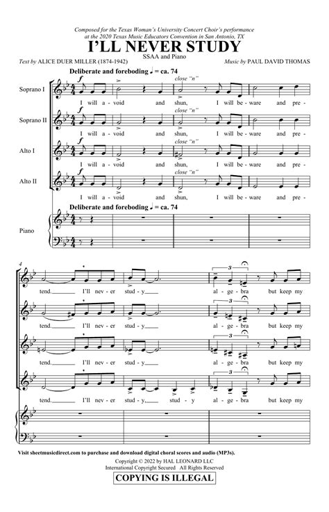 Paul David Thomas "I'll Never Study" Sheet Music for SSA Choir ...
