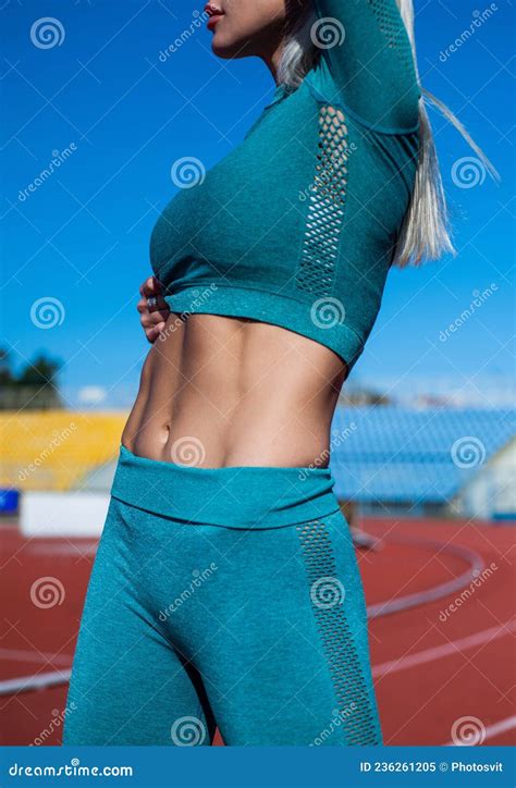 Healthy Dieting Lady Has Belly Abs Sportive Woman In Sportswear Woman On Stadium Gym Stock