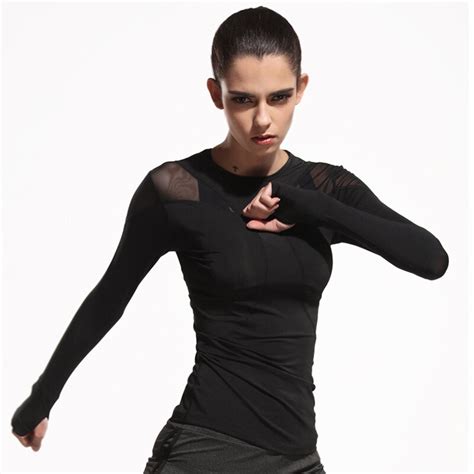 Black T Shirt Mesh Womens Sports Top With Long Sleeves Tight Blouses