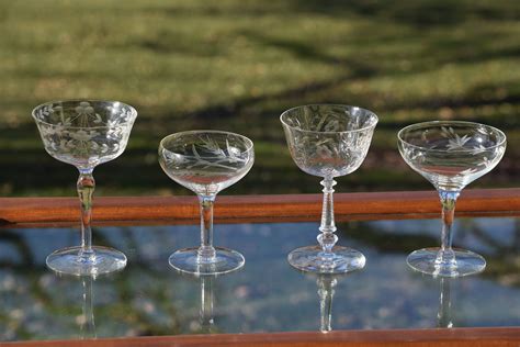 Vintage Etched Cocktail Martini Glasses Set Of Four Different Vintage