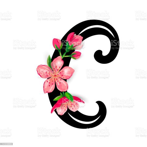 Hand Drawn Letter C With Spring Pink Flowers Isolated On White