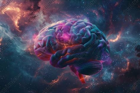 Human Brain Floating In Colorful Nebula Is Representing Cons