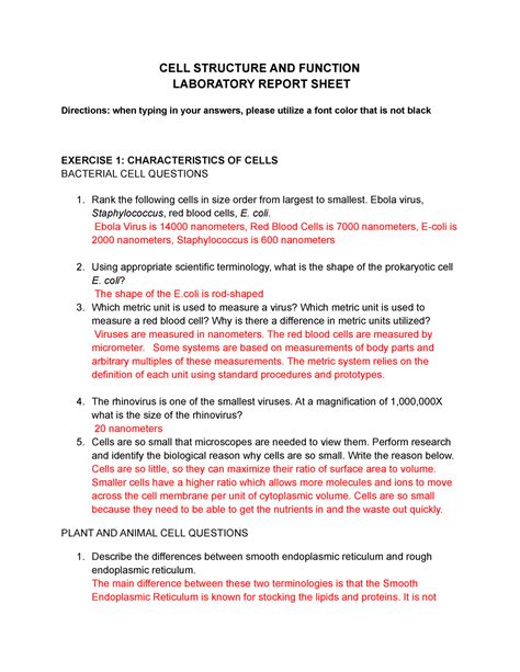 CELL Structure AND Function Laboratory Report Sheet CELL STRUCTURE