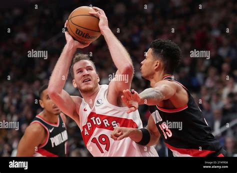 Toronto Raptors Center Jakob Poeltl Looks To Shoot As Portland