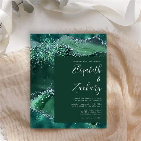 Budget Emerald Green Glitter Agate Wedding Invite Zazzle