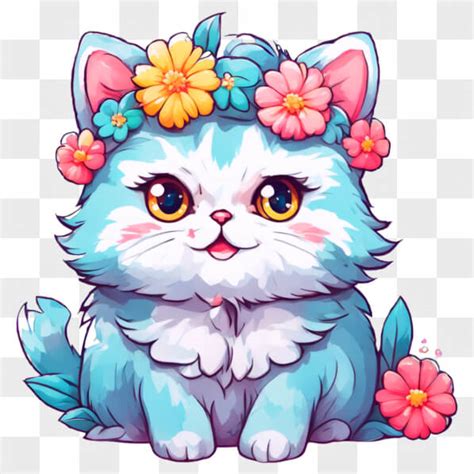 Baixe Adorável Gato Azul e Branco Flores KAWAII Creative Fabrica