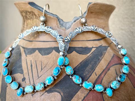 Large Hoops Turquoise Earrings By Navajo Annie Hoskie Native American