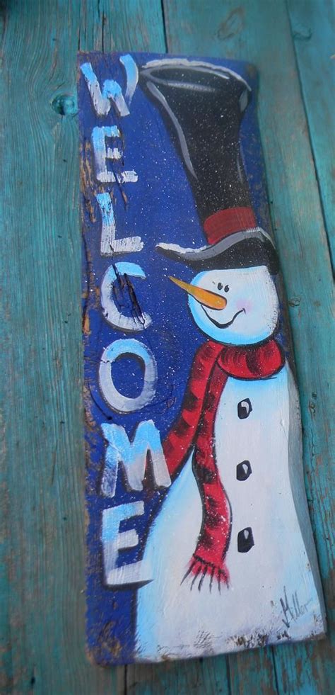 Snowman Welcome Wood Sign Hand Painted Front Porch Decor Image 2 Cute