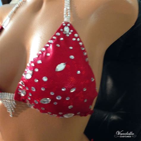 Red Bikini Womes Physique Custom Competition Suit Rhinestone Connectors