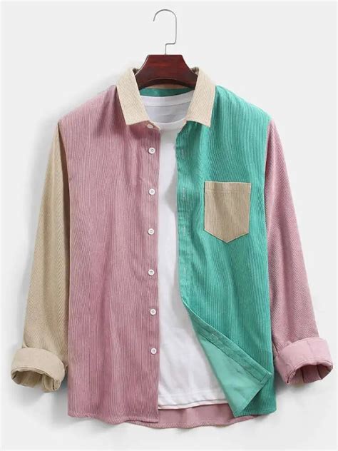 Charmkpr Men Shirt Summer Autumn Corduroy Colorblock Patchwork