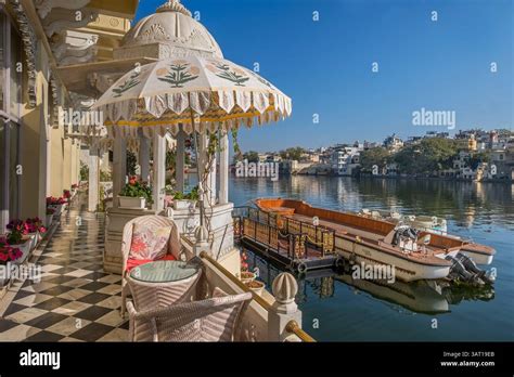 lakeside verandah lake pichola hotel udaipur rajasthan india stock