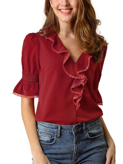 Allegra K Womens Ruffled V Neck Puff Elbow Sleeve Semi Sheer Chiffon Blouse