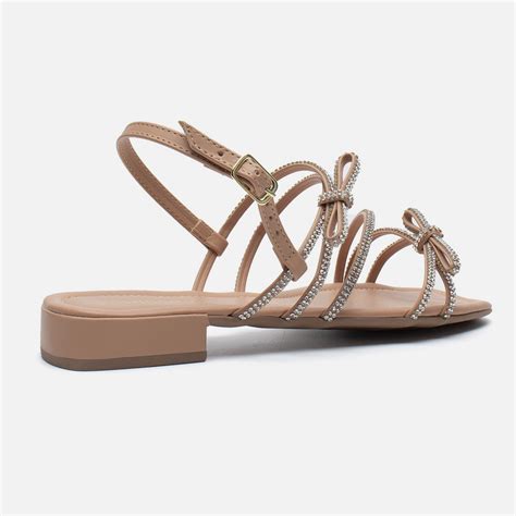 Rasteirinha Sandália Feminina Peep Toe Salto Laço Strass Nude