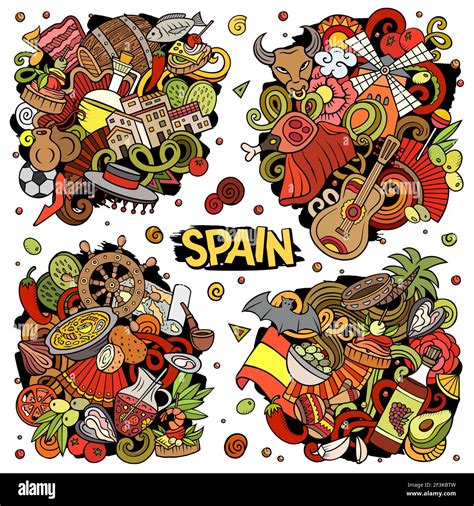 Spain Cartoon Vector Doodle Designs Set Colorful Detailed Compositions