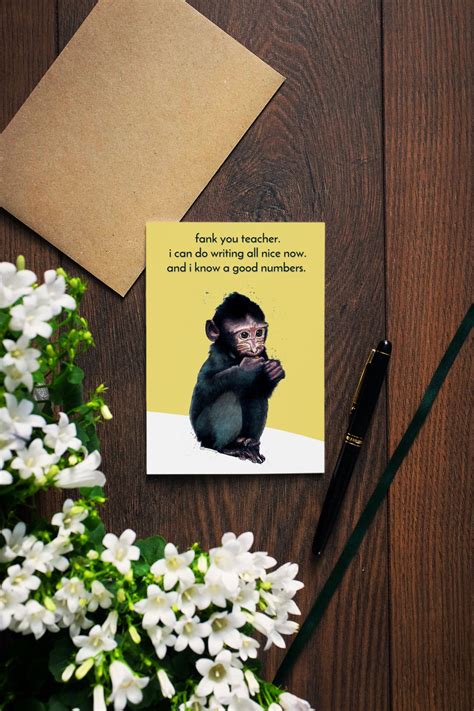 Thank You Teacher Card Baby Monkey Card Funny Monkey Thank Etsy Uk